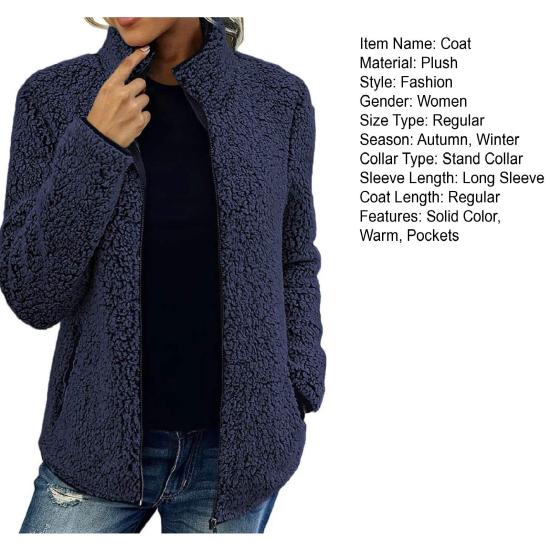Stand Collar Long Sleeves Pockets Zipper Closure Fluffy Coat Women Autumn Winter