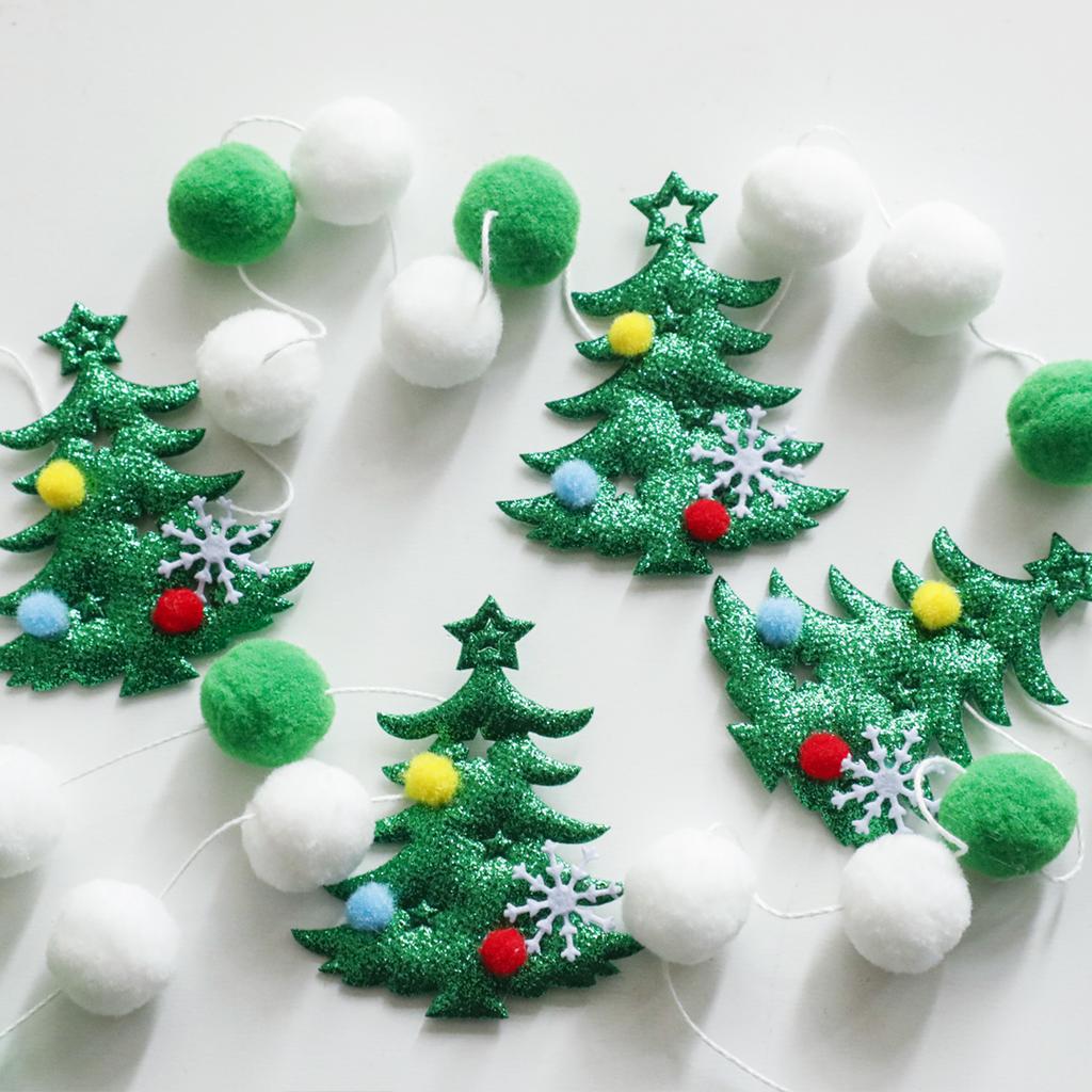 Christmas Tree Pom Pom Garland Green White Felt Ball String with Mini Tree Ornaments for Xmas Tree Fireplace Wall Hanging Decor