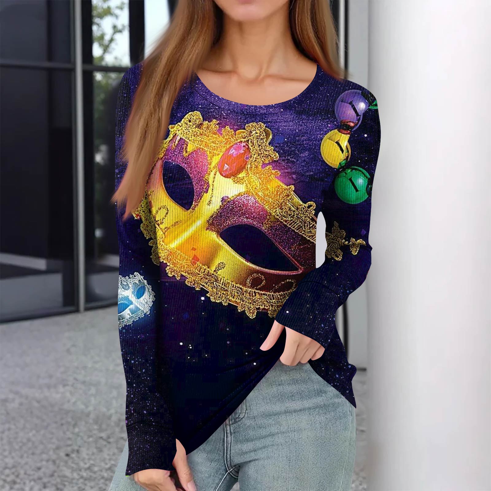 

Женская зимняя приталенная футболка Модная повседневная с принтом, с круглым вырезом, пуловер, топ с длинным рукавом XL жёлтый