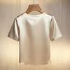 Damen T-Shirt Rundhals Satin Stoff T-Shirt mit Handgenähten Imitationsperlen Kurze Ärmel Lockerer Schnitt Lässige Oberteile
