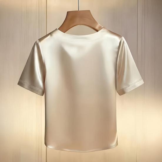 Damen T-Shirt Rundhals Satin Stoff T-Shirt mit Handgenähten Imitationsperlen Kurze Ärmel Lockerer Schnitt Lässige Oberteile