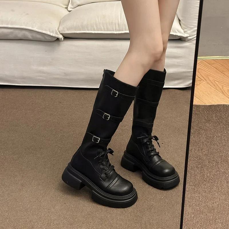 Fashion Fairy Wind Thick Heel Belt Buckle Thin Boots Female 2025 Autumn New Thick-soled Maillard Knee Boots