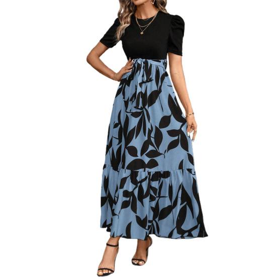 

Летнее платье с круглым вырезом, коротким рукавом, высокой талией, длинное платье с принтом листьев и струящимся подолом, повседневная одежда M