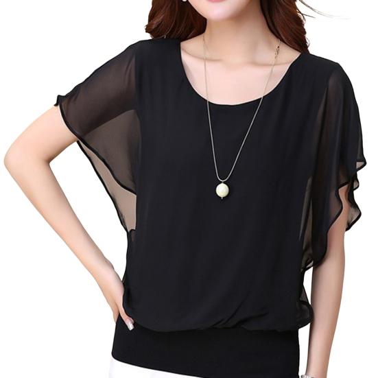 Damen Sommer Tops O-Ausschnitt Kurzarm Chiffon Tops Lockere Passform Einfarbig Dünne Pullover Tops Lässige Büroarbeitsoberteile