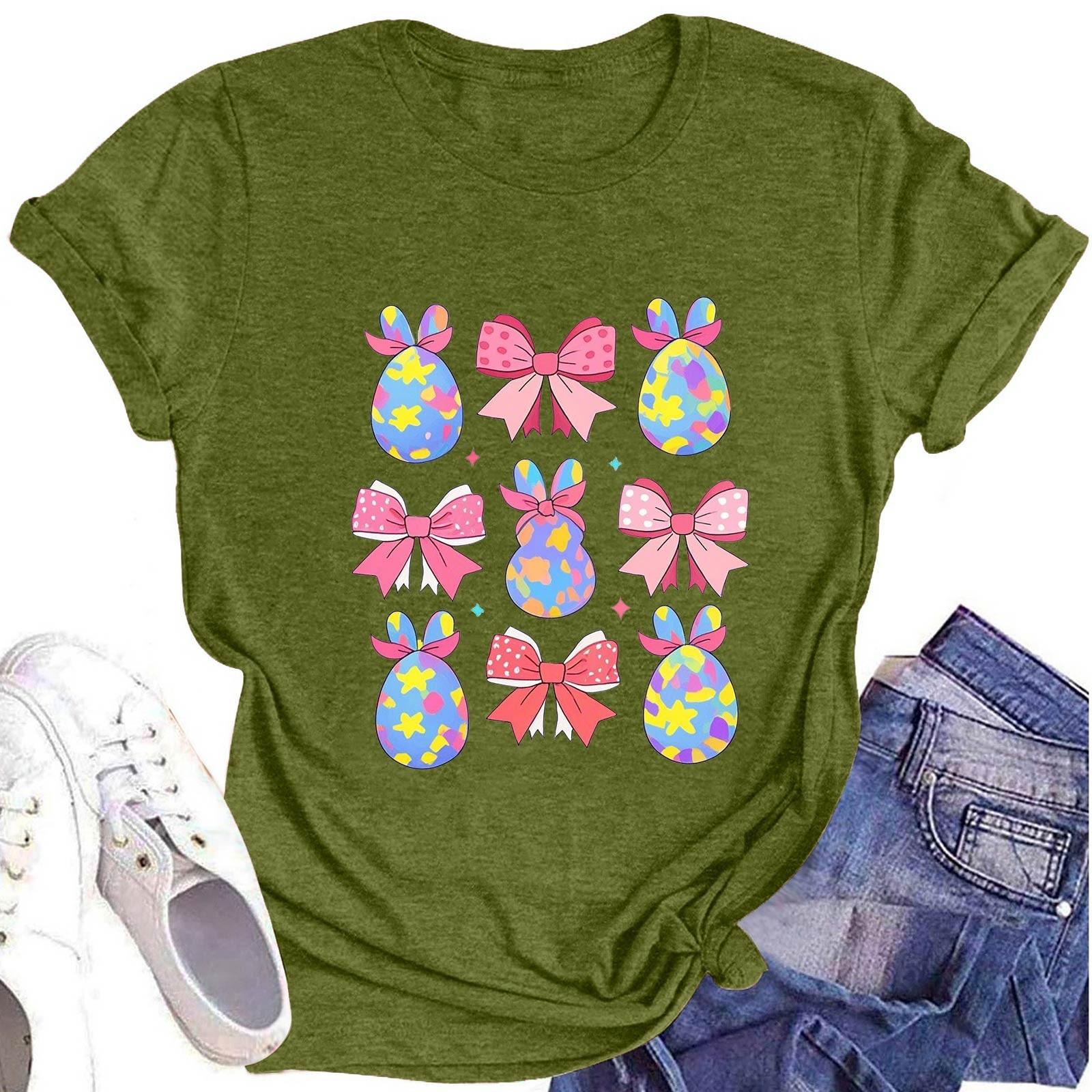 

Женская модная футболка с круглым вырезом и коротким рукавом, повседневный топ с пасхальным принтом L армия зеленый