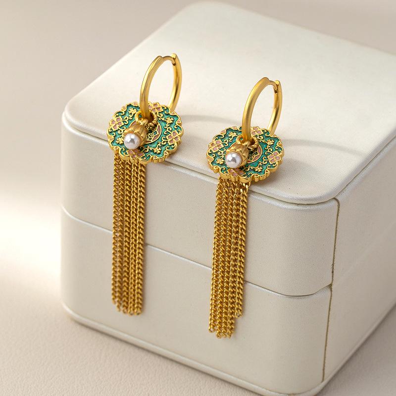 Elegante chinesische Quasten- & Perlenohrringe mit Glasur-Blumendesign für Damen