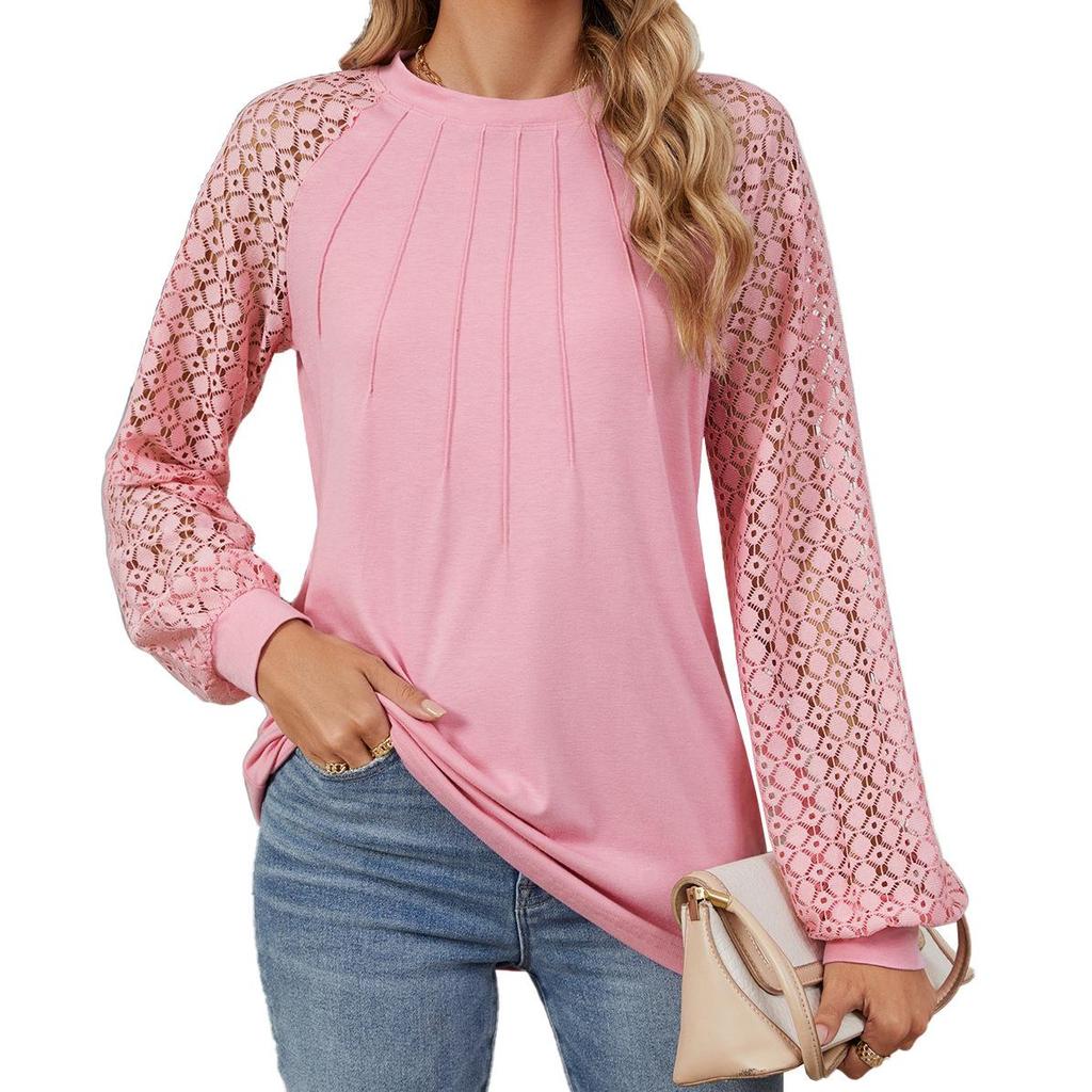 2024 Autumn/Winter Women's Lace Patchwork Round Neck Long Sleeve Loose T-Shirt