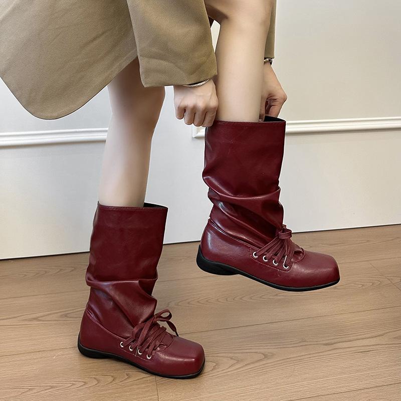 Braune Retro vielseitige quadratische Zehen flacher Boden kurze Stiefel Kinder Sommer 2025 neu mit Rock plissierte Western-Pile-Stiefel