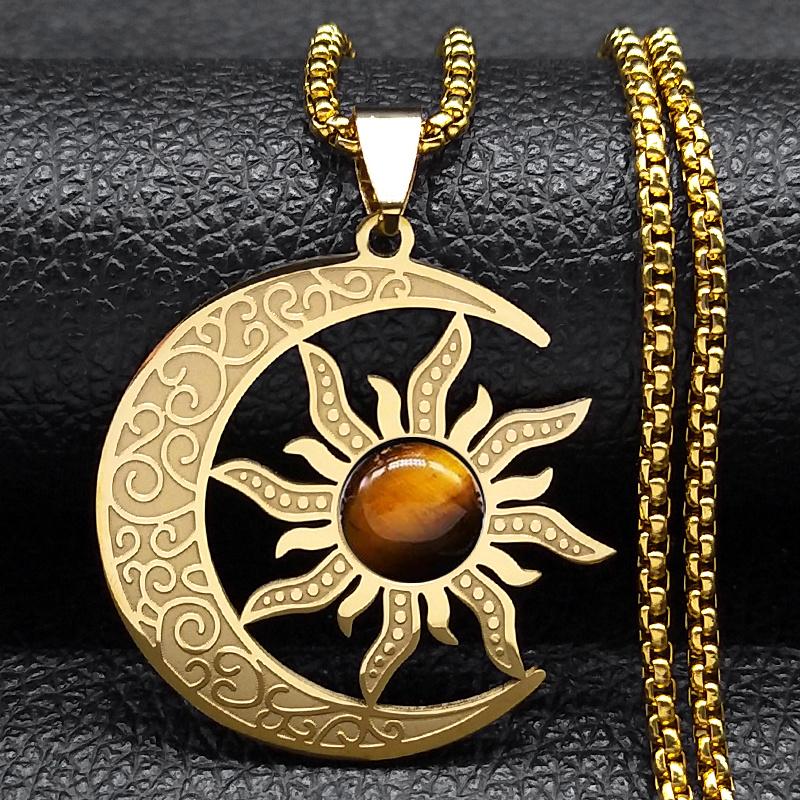 Witch Moon Sun Necklace for Women Men Stainless Steel Stone Occult Luna Crescent Wicca Chain Jewelry collares acero inoxidable