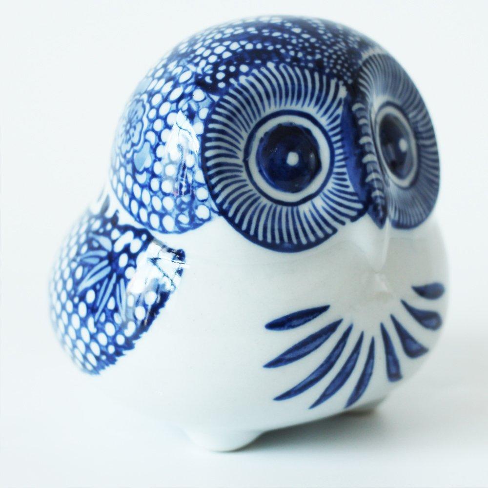 Sonoyama Craftsmanship Lucky Charm, Good Fortune Item, Ceramic, Blue and White Dyed, Mini Size, Sacred Bird, Owl, Fukurō (Owl that Brings Good Fortune