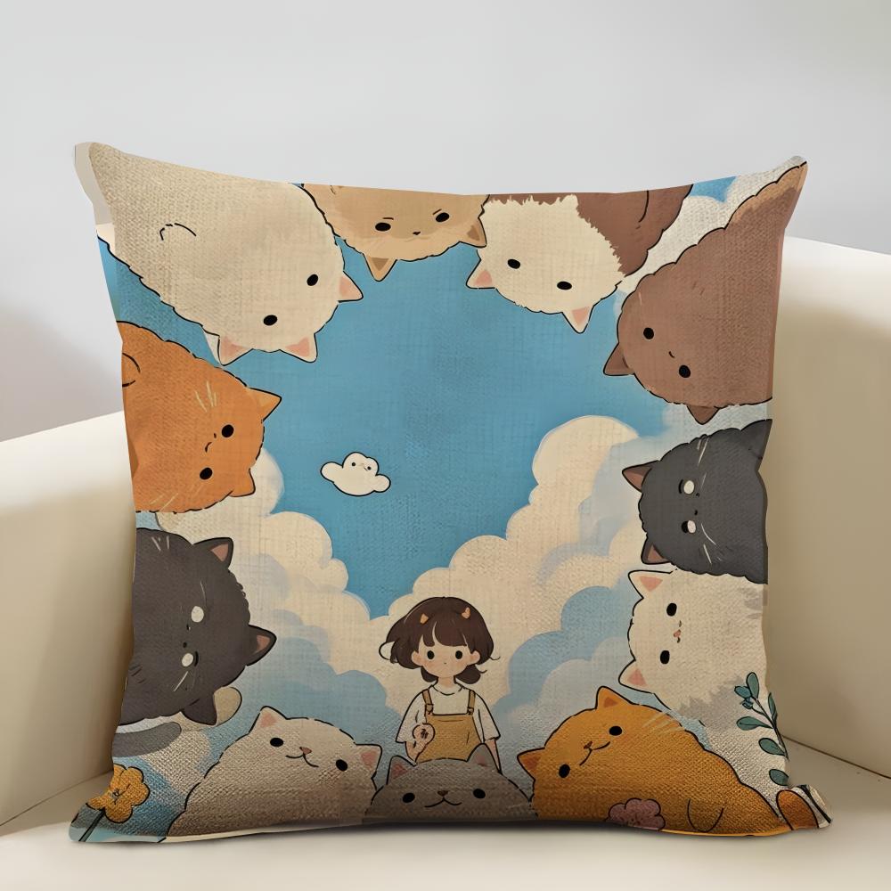 1 Cartoon Cute Cat Picture ForWake Up Cushion Cover Household Decoration Linen Sofa Cushion Cover: Skin-Friendly & Breathable Wi
