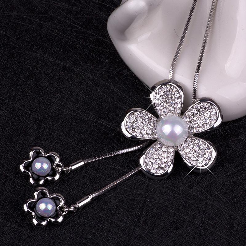 

Корейское женское длинное ожерелье с привлекательным кулоном в виде цветка и жемчуга платиновый