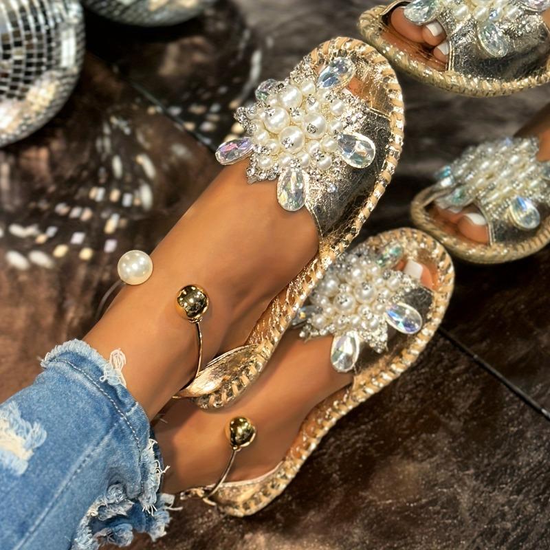 Comfortable Elegant Women's Sandals | Faux & Rhinestone Embellishments, Round Toe Design, Ankle Strap for Beach Vacations & Casual Outings
