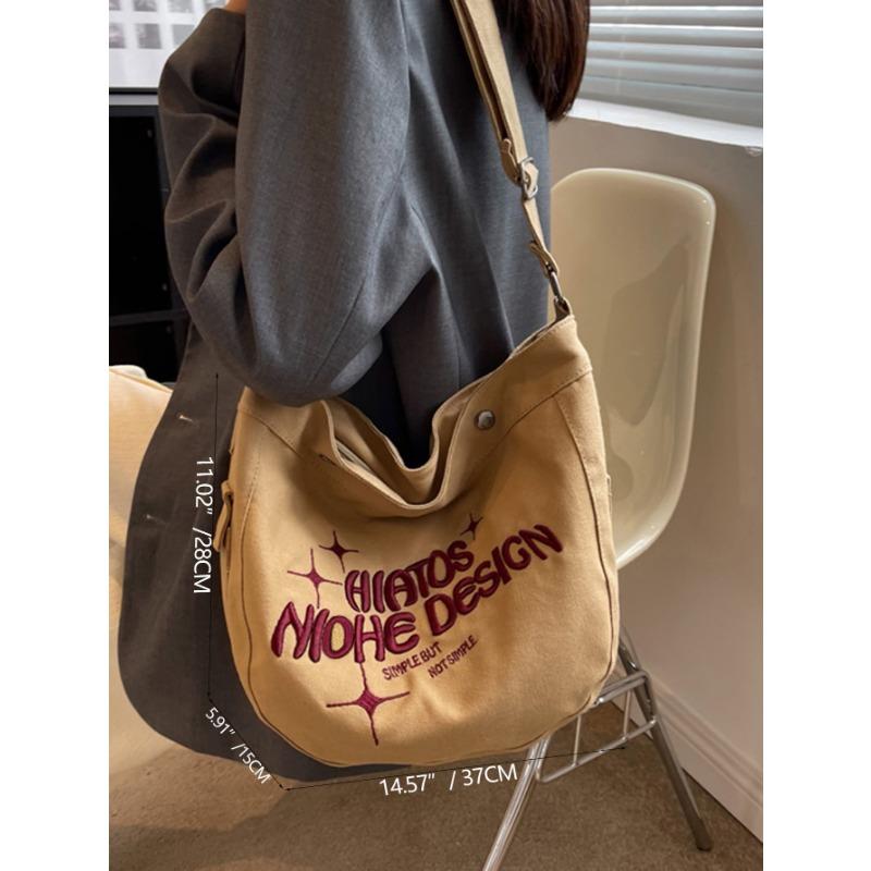 Simple Canvas Bag Large Capacity Shoulder Bag Women's Embroidered Tote Bag Bucket Bag