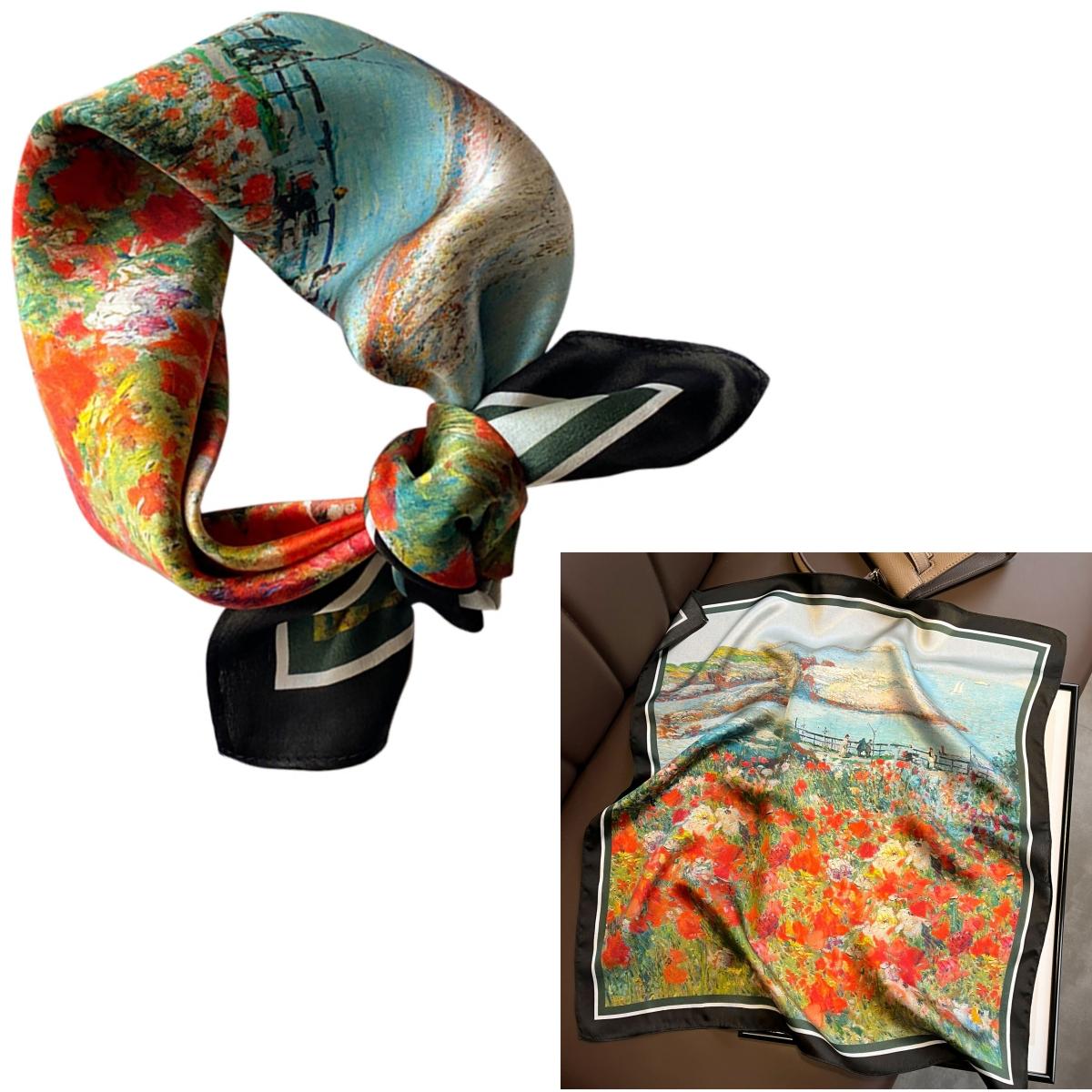 

Women 100% Mulberry Real Silk Scarf 53cm Luxury Kerchief Spring Autumn Neckerchief Brand Oil Painting Chinese & Painting Style