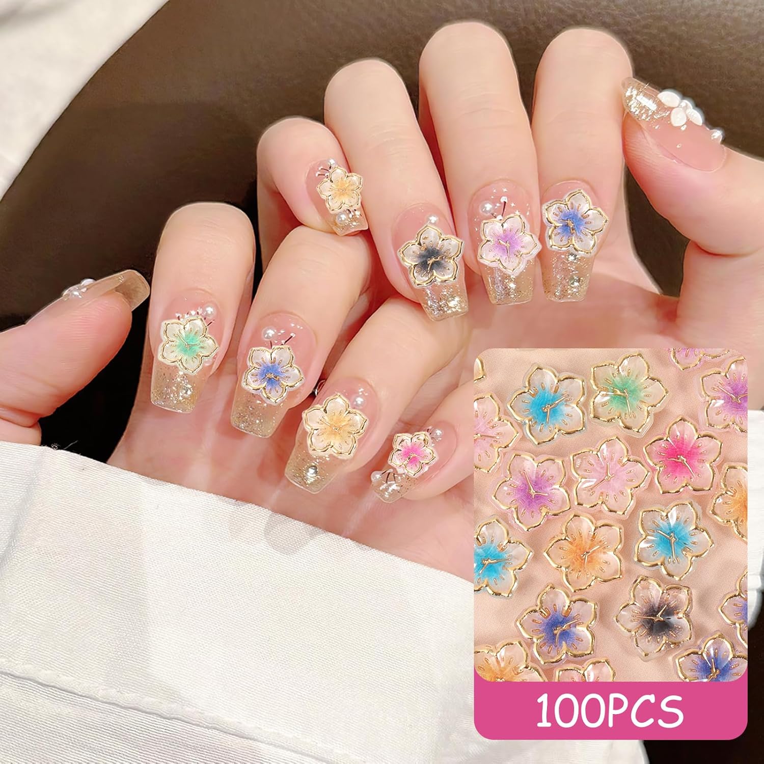 100pcs Flower Nail Charms 3D Ice Translucent Floral Flower Nail Charms Colorful Flowers Nails Resin Gradient Smudge Cherry Blossoms Nails Art