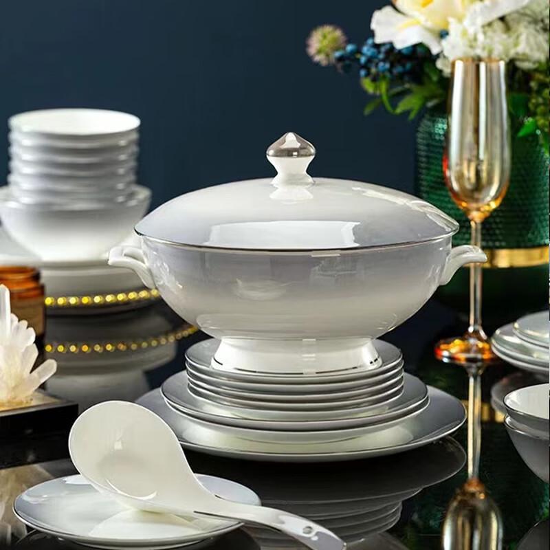 Современный набор посуды Lingshi из костяного фарфора Jingdezhen, 60 предметов - Градиентный серый