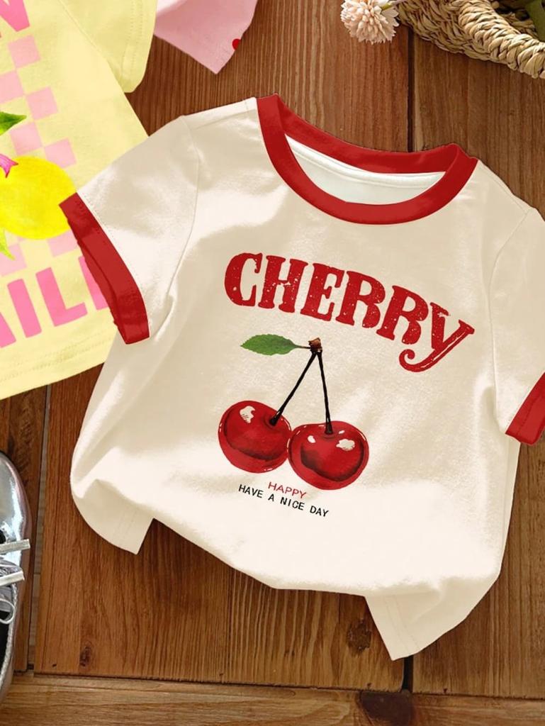Summer Strawberry Printed T-Shirt Sweet Cute Cartoon Short Sleeve Children's T-Shirt Crew Neck Casual Tees Outdoor Girls Clothes
