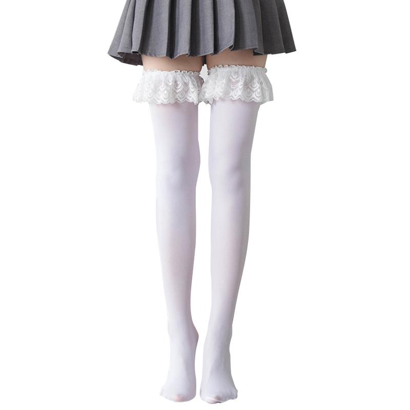 Sexy Solid Color Over The Knee Long Socks Women Thigh High Stockings Japanese Lolita Ruffles Lace Anime Cosplay Hosiery