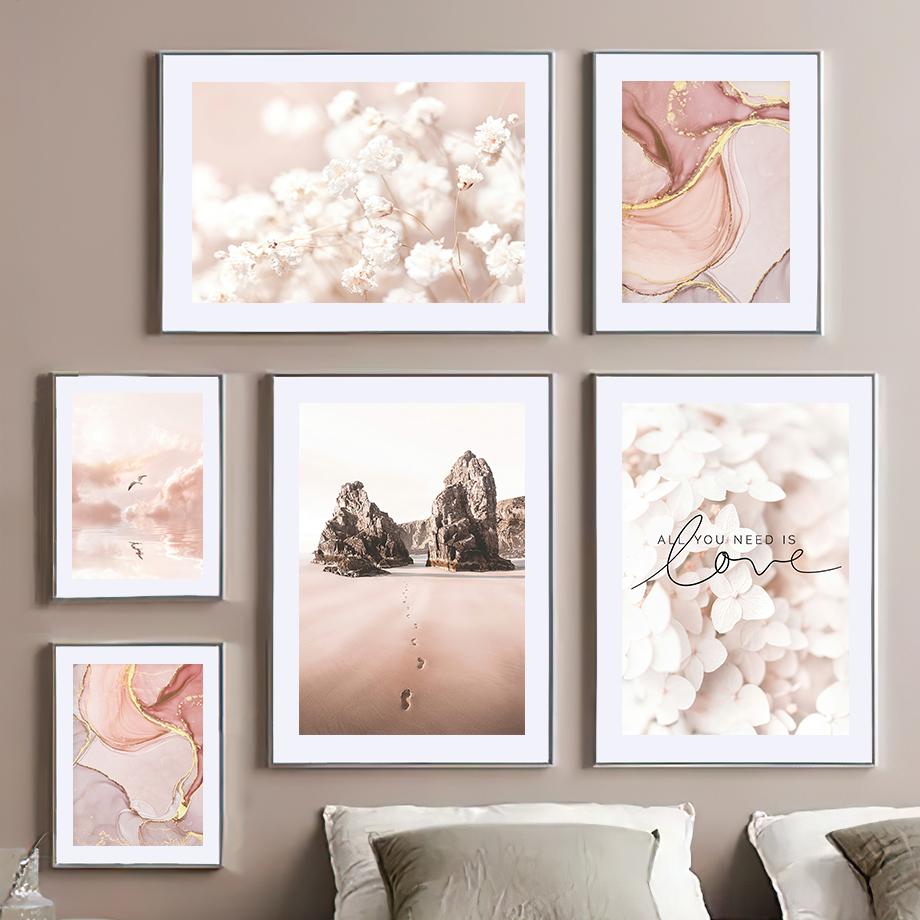 Modern Pink Gold Marble Flower Beach Girl Wall Art Nordic Posters Canvas Painting  And Prints Wall Pictures For Living Room Home