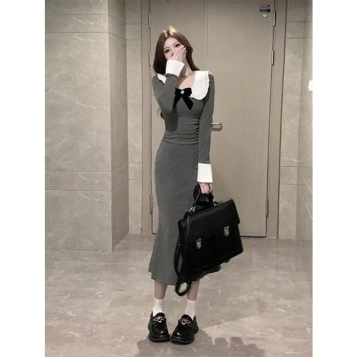 

Temperament French gray doll collar dress women s early spring long-sleeved slim-fitting design sense niche hip-wrapped fishtail long dress S серый