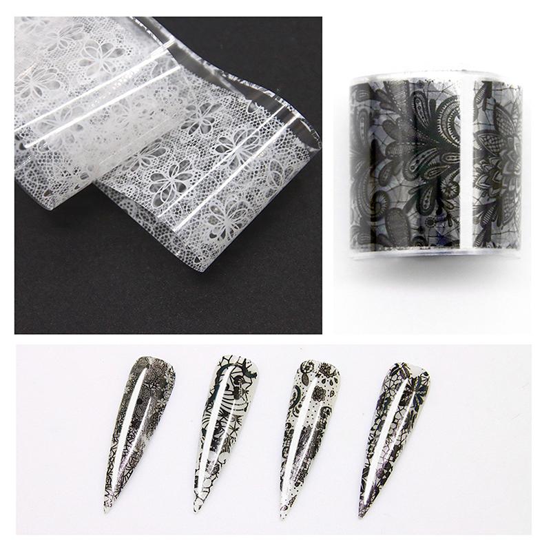 1/10 Rotolo Elegante Bianco Nero Pizzo Fiore Unghie Foil da Trasferimento Fantasia Retrò Floreale Cielo Stellato Carta Adesiva Manicure Accessori