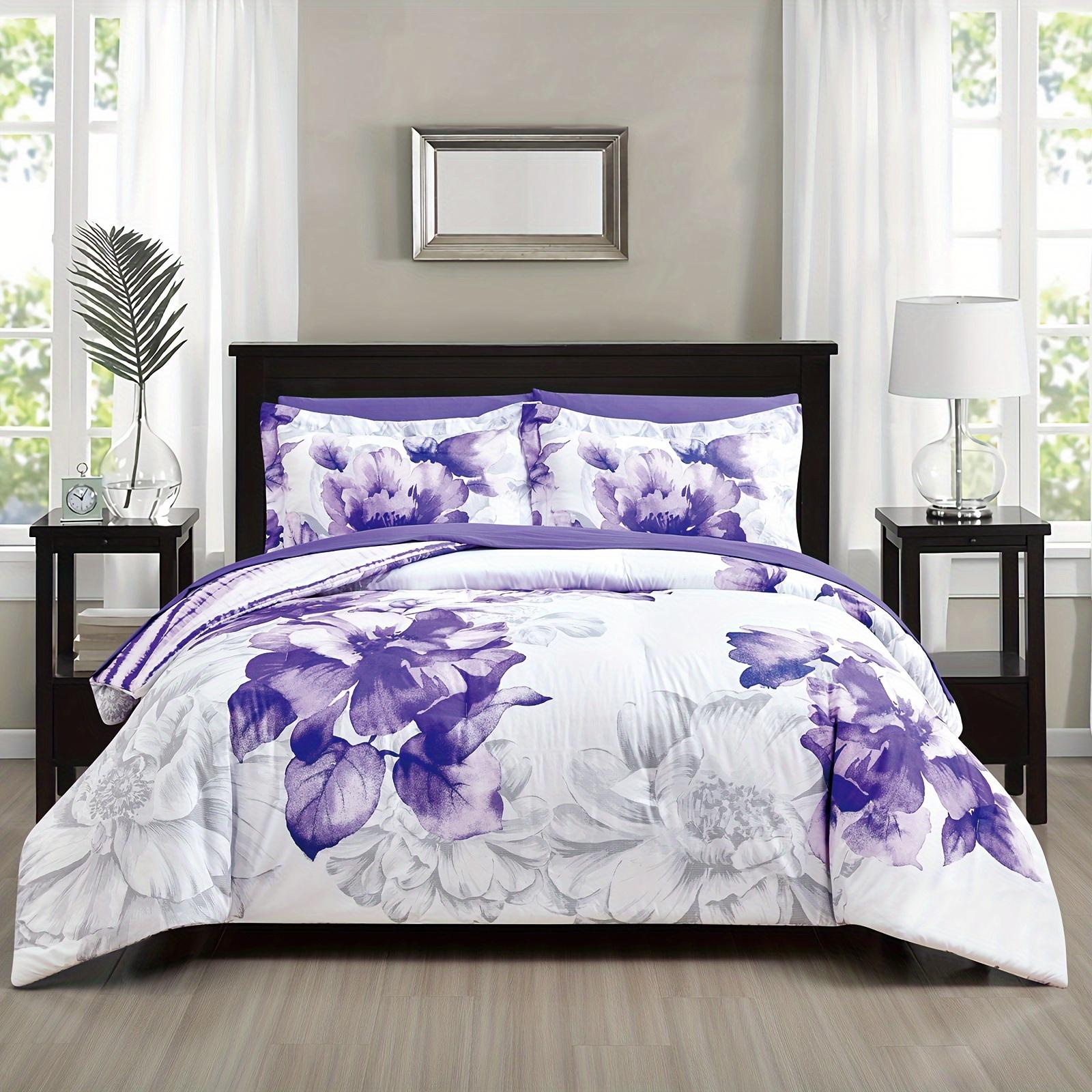 

Dreamy Purple Flower 3 Pcs Duvet Cover Set Queen King Size Purple Print Bedding Set Home Decor Soft Comfortable Breathable EU Single(135x200cm)
