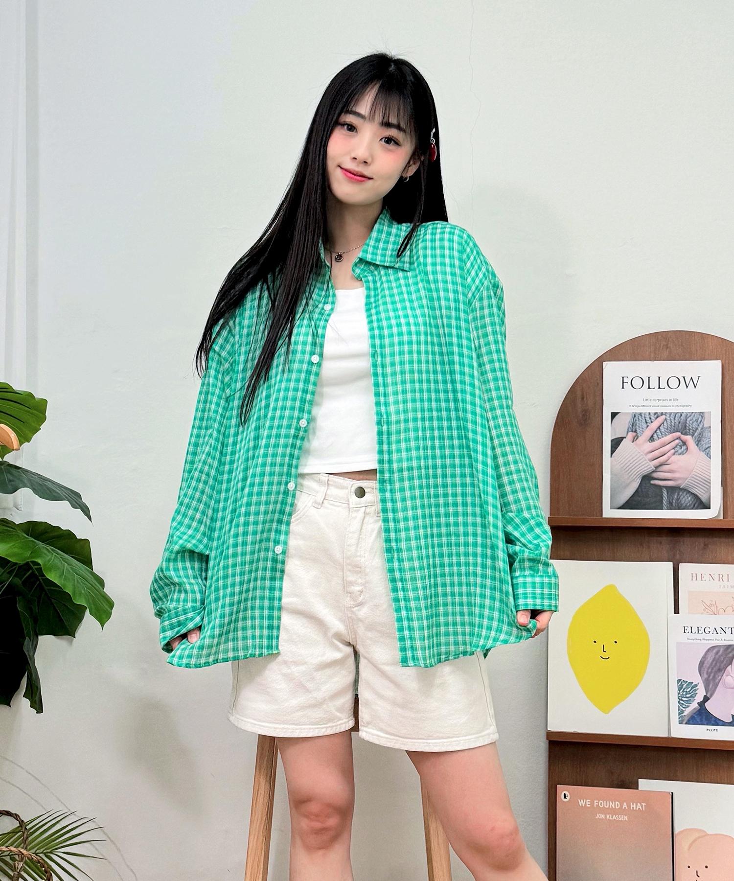 Cargo Bros For Woman Seersucker Cotton Check Shirt (Green) Free