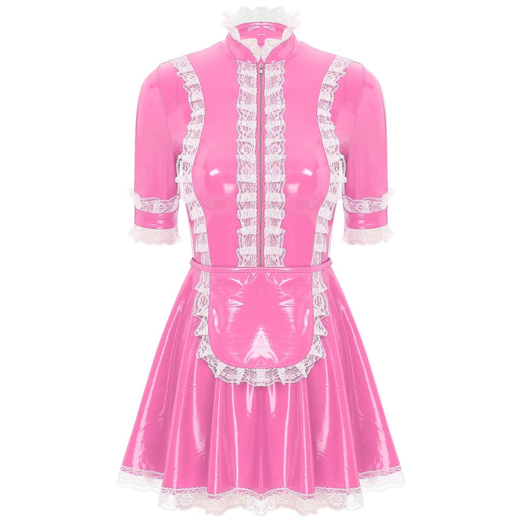 Kadın PVC Deri Dantel Kenarlı Hizmetçi Elbisesi Önlük ile Anime Cosplay Rol Yapma Kostümü