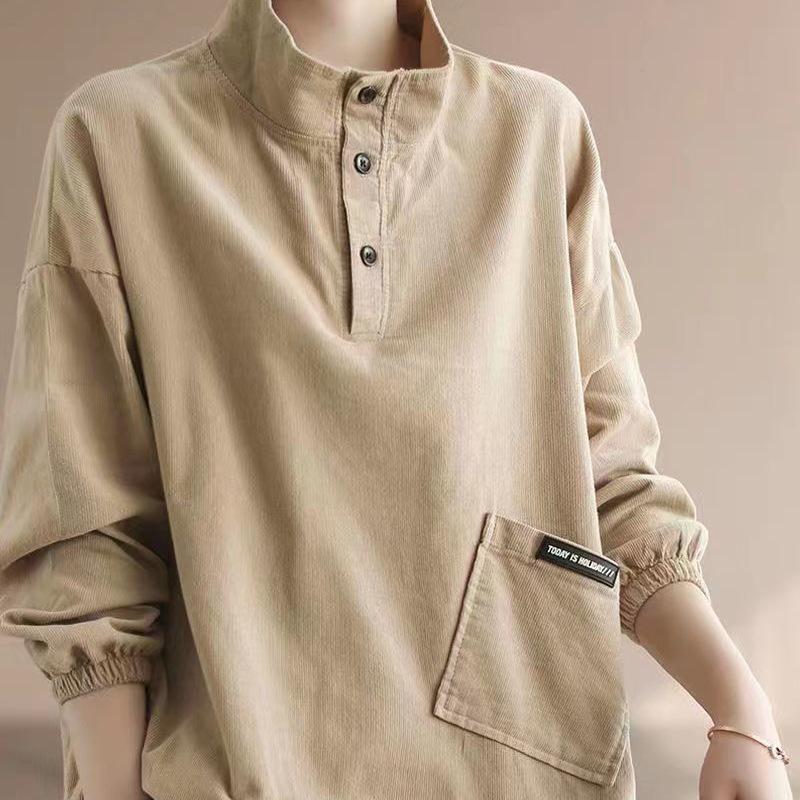 Damen Retro Cord Stehkragen Pullover Jacke - Locker, Figurbetont, Übergröße für Frühling und Herbst