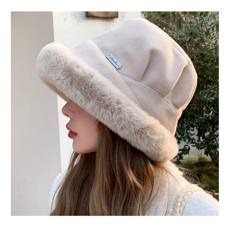 Autumn Winter Pleated Patchwork Basin Hat for Outdoor Warmth Windproof Protection Ear Protection Thickened Plush Fisherman Hat for Women