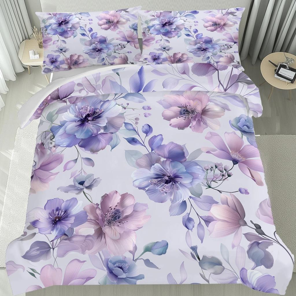 Luksusowa poszewka na kołdrę z fioletowym wzorem kwiatowym, rozmiar Queen King, drukowana cyfrowo 3D, pościel, miękka i wygodna, zestaw 3-częściowy