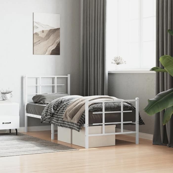 VidaXL Cadre de Lit Métal avec Tête de Lit Pied de Lit, Lit Simple avec Sommier à Lattes, Lit Adulte avec Pied Chambre, 355618
