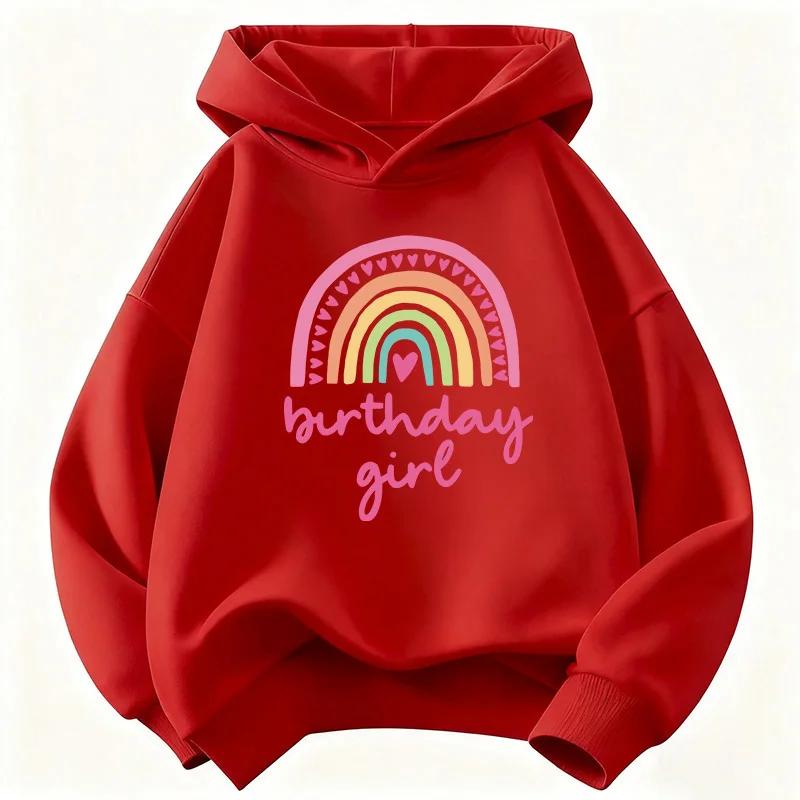 Autumn-Winter Fashion Rainbow Heart Birthday Print Children's Hooded Sweatshirt for Boys and Girls Retro Trendy Pullover Sweater