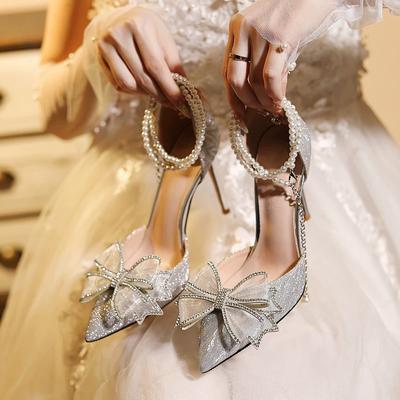 Fashion Luxury Pearl Crystal Bowtie White Wedding Shoes Women   Spring Brand Designer High Heels Pumps Woman Thin Heeled Party Shoes