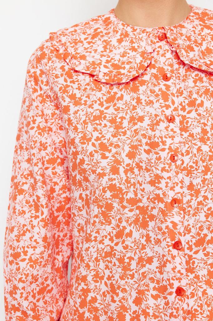 Women's Style Hijab Shirt Red Baby Collar Woven Crispy Flower Patterned Shirt