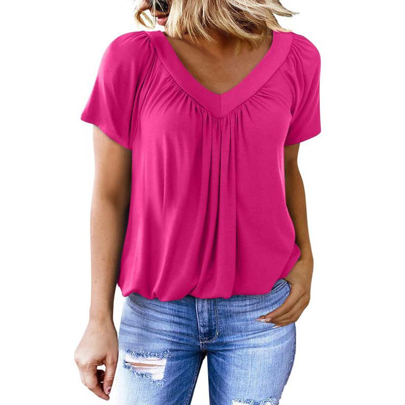 Summer Ladies Solid Colour V-Neck Short Sleeve Top