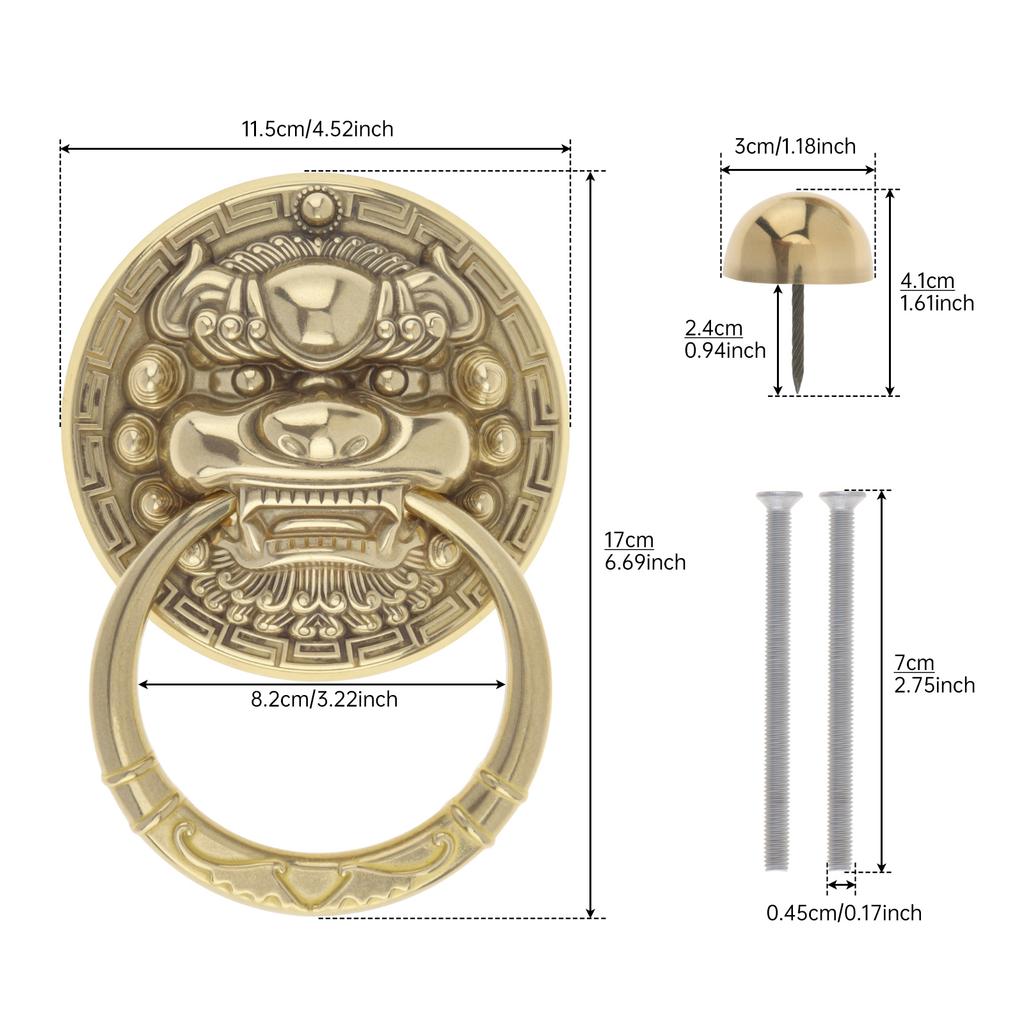 Massiver Messingklopfer, Klassischer 6,7-Zoll-Klopfer, Passend für dekorative Haustür, Mit Montageschrauben, Klopfknopf, Türbeschlag