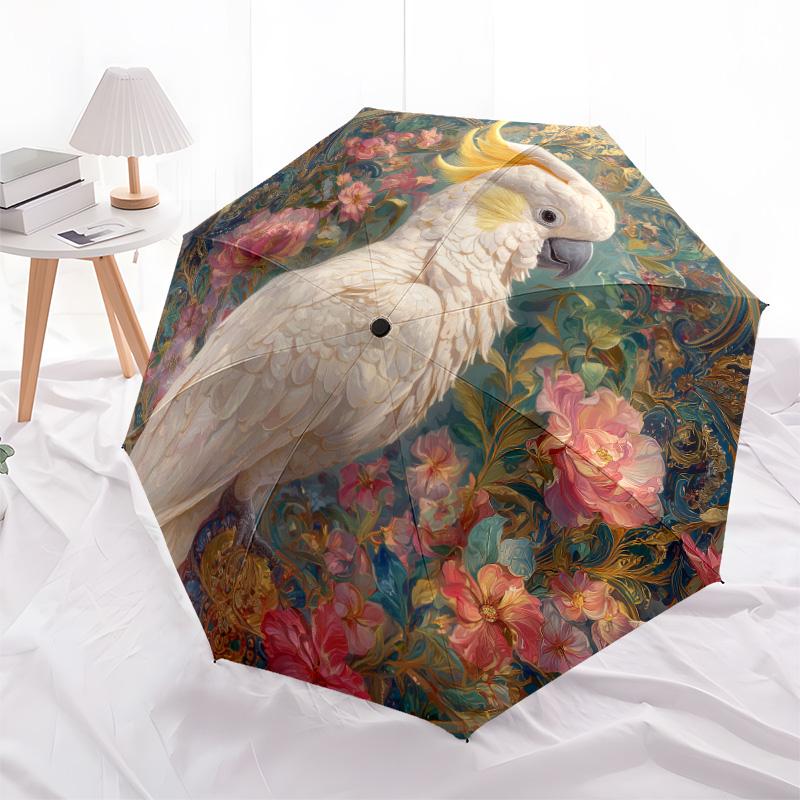 Flower Parrot Pattern, Automatic Folding Umbrella, Portable and Foldable Design, 8 Ribs, a Christmas or Birthday Gift.