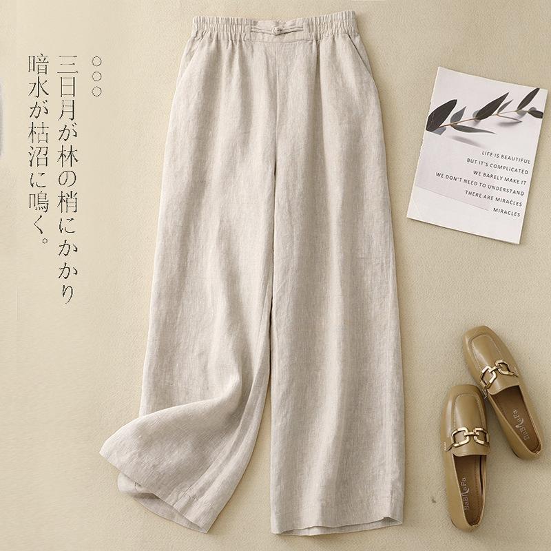 Women S High Waist Loose Fit Wide Leg Cropped Casual Pants With Chinese Knot