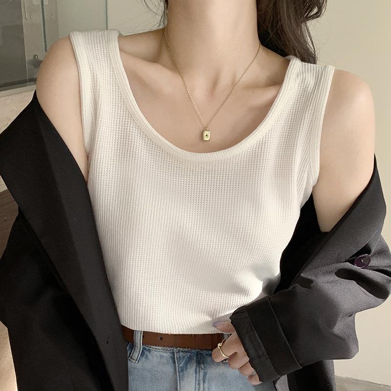 

Stylish Elegance Fashion Female Casual Vest H309 White Camisole Undershirt Ms. Summer Loose Black Inner Bottoming Outside Waffle Sleeveless Tops XL(62.5-70)kg