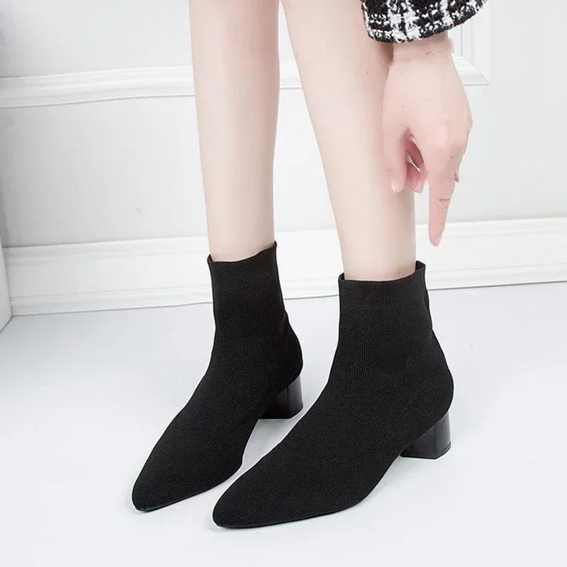 Woman Knitted Ankle Boots  Autumn Winter Women‘s Casual Low Heel Pumps Ladies Outside Shoes Female Casual Chelsea Boots