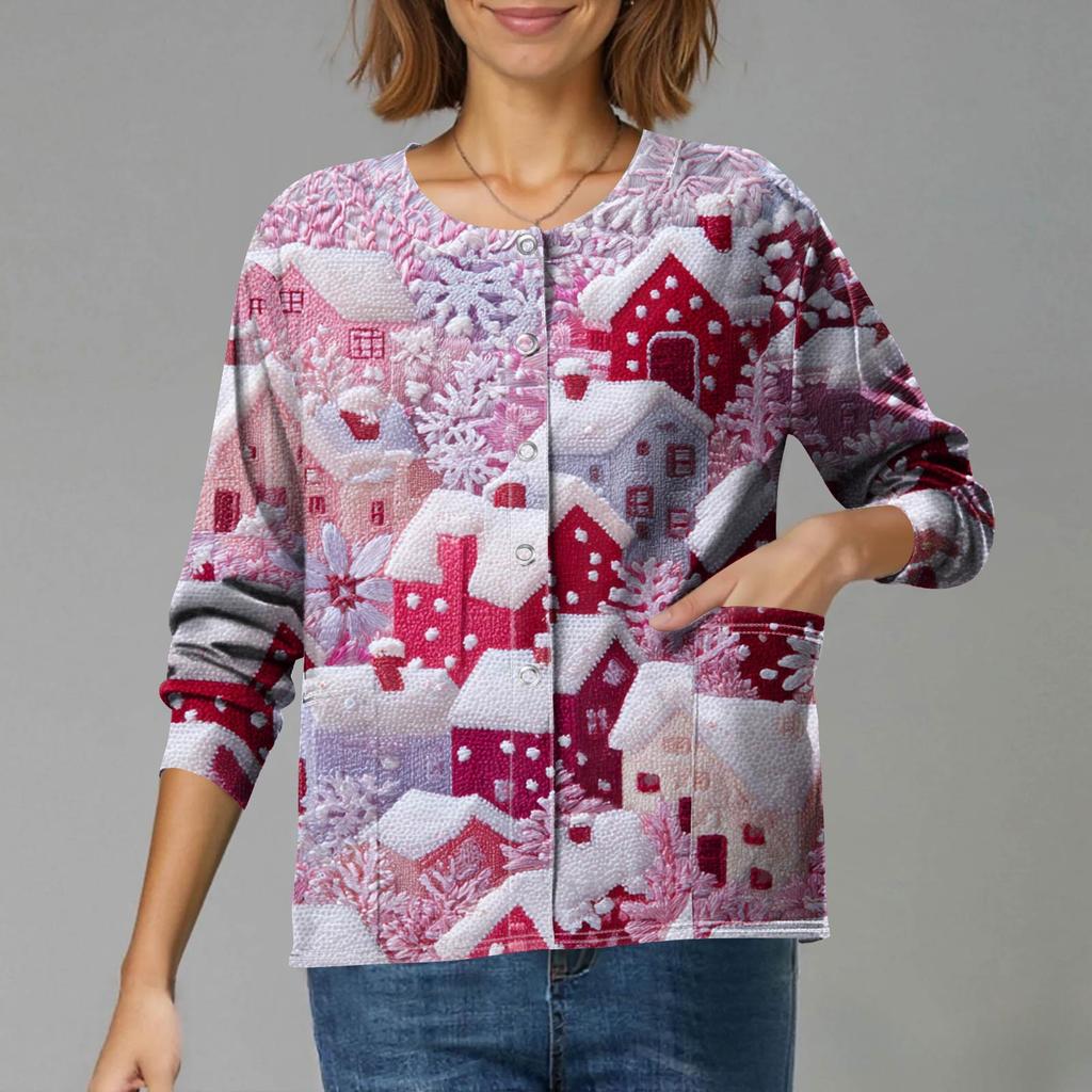 Women's Casual Long-Sleeved Single-Breasted Christmas-Themed Print  Cardigan