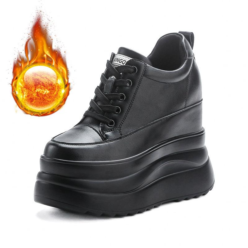 Autumn Winter Dark Edgy Style Women's All-Black Extra Thick Platform Shoes, Lace Paneled Lace-Up Casual Thick Sole Shoes