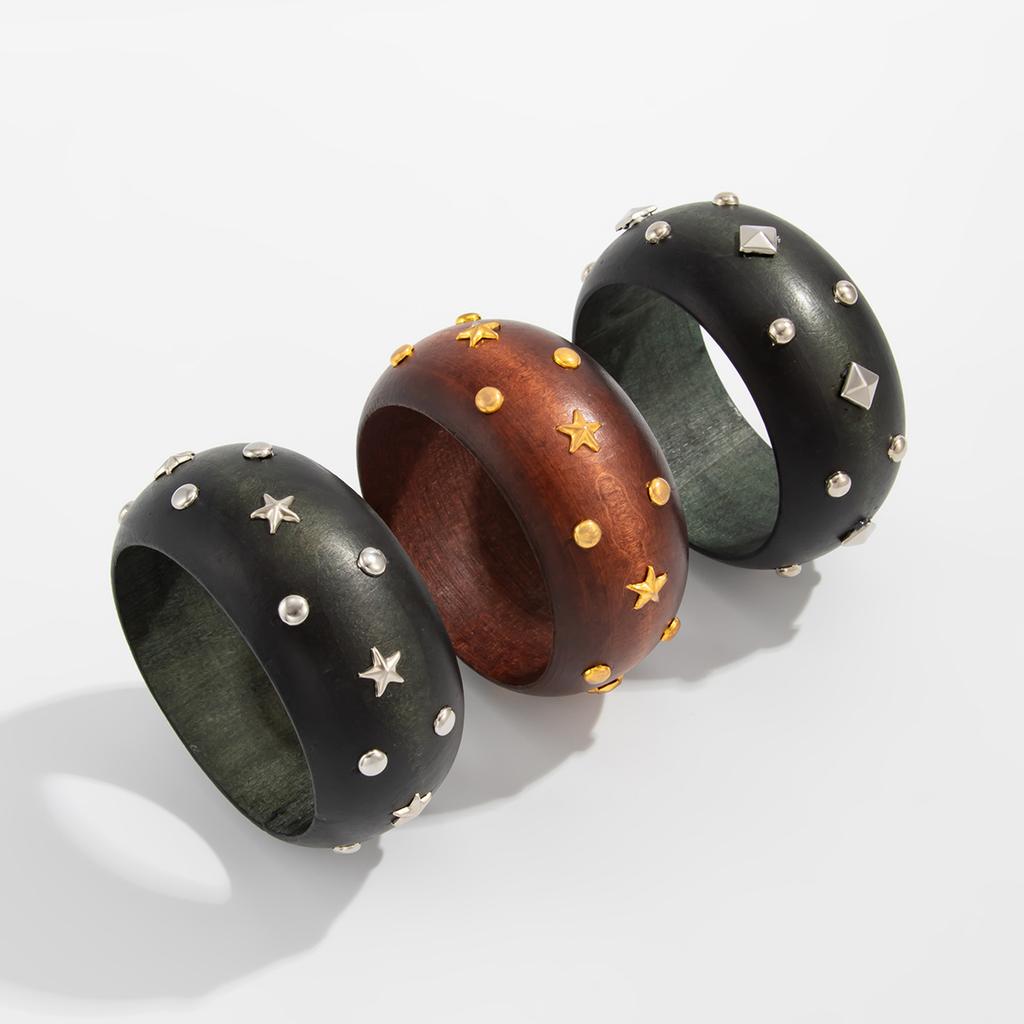 Retro Fashion Five-pointed Star Rivet Wooden Bracelet Bangles Y2k Punk Style Geometric Vintage Bangle Jewelry Fashion Hiphop Grunge Pulseras Mujer
