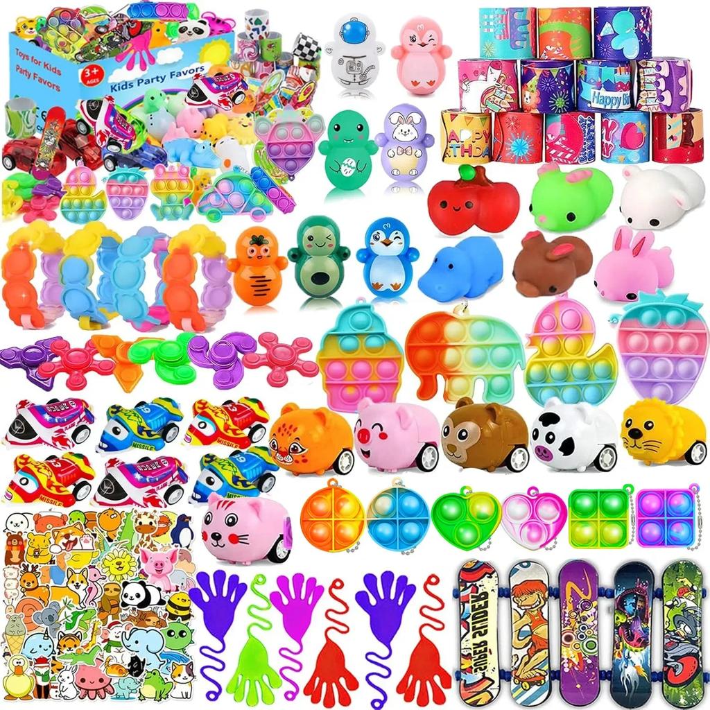 117/124/135pc Kids Birthday Pinata Toys Snap Bracelets Push Bubble Fidget Toys Carnival Prize Pinata Filler Bulk Toys Kids Gifts