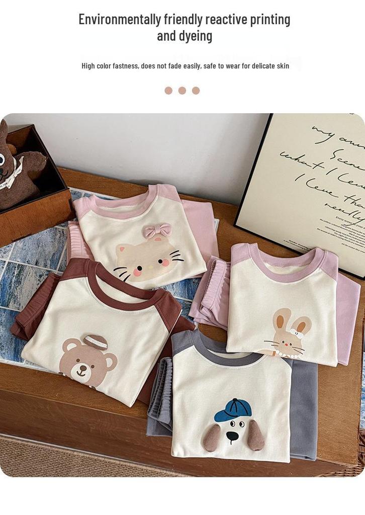 Children's Rabbit Cartoon Round Neck Pajama Set - Pure Cotton Autumn/Winter 2025 Top & Pants for Boys & Girls