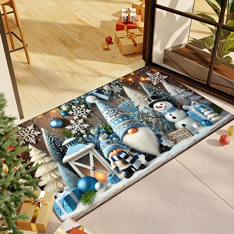 Blue Christmas Gnome Snowman Doormat, Festive Gift Lantern Design Rug, Non-Slip Machine Washable Holiday Door Carpet