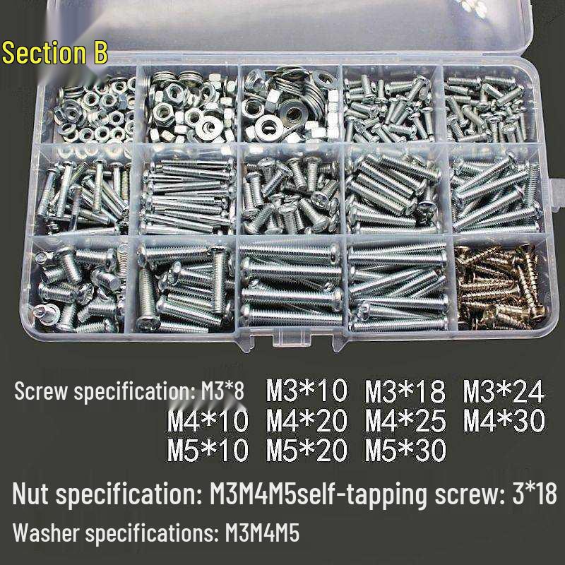 Round Head Phillips Machine Screws & Nuts Set with Flat Washers – Multi-Size Household DIY Box with Complete Specifications