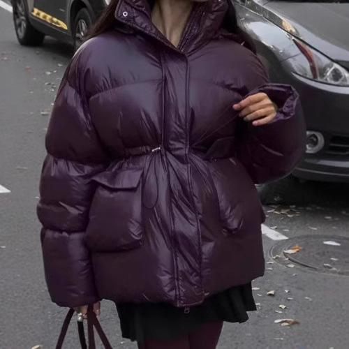 Zimowy płaszcz bawełniany z zamkiem błyskawicznym w kolorze ciemnoczerwonym, ciepła kurtka z kapturem